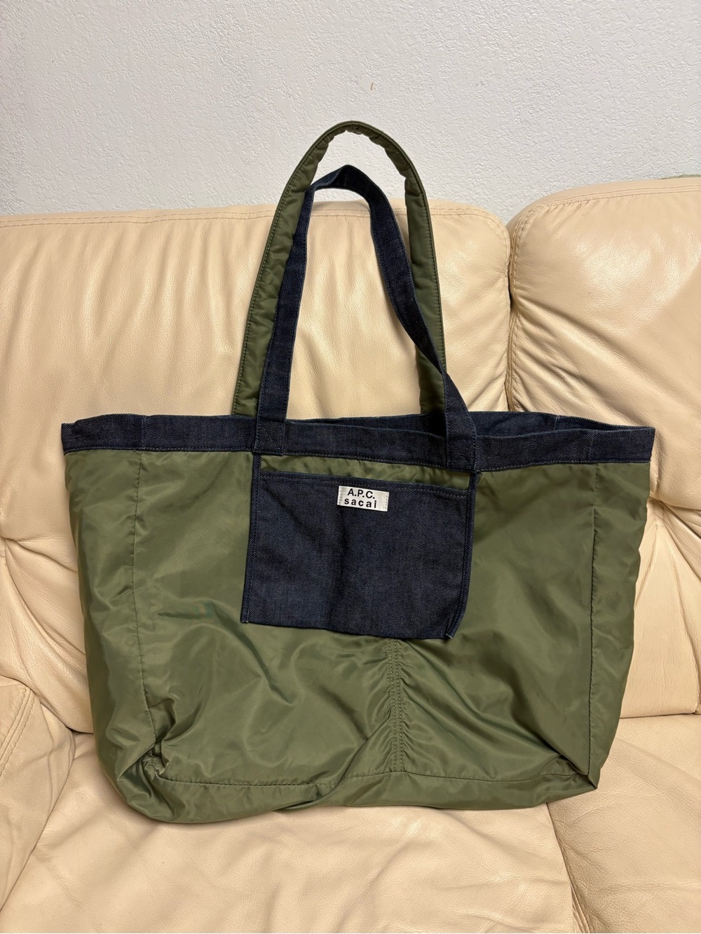 SACAI x APC Large Denim Tote Bag Reversible Green Nylon Bomber Jacket Style - Picture 5 of 13